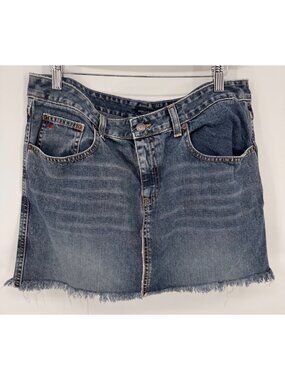 American Eagle Outfitters Blue Distressed Denim Mini Skirt Frayed Hem Size 12